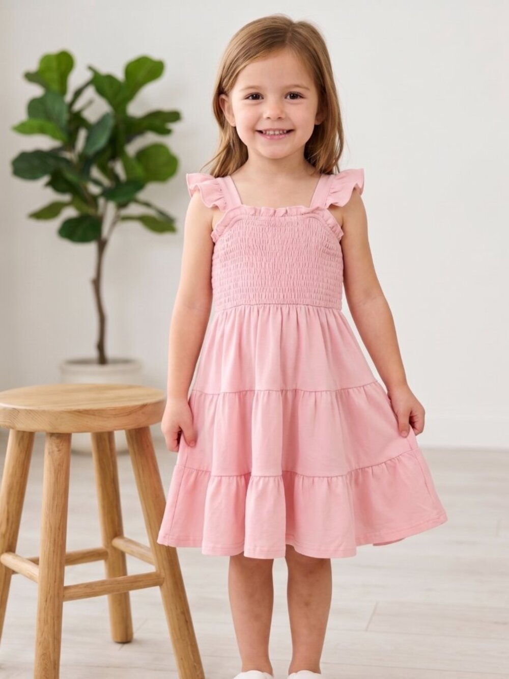 NWOT | Girl's Light Pink Smocked Ruffle Shoulder Tiered A-Line Sun Dress | 4Y